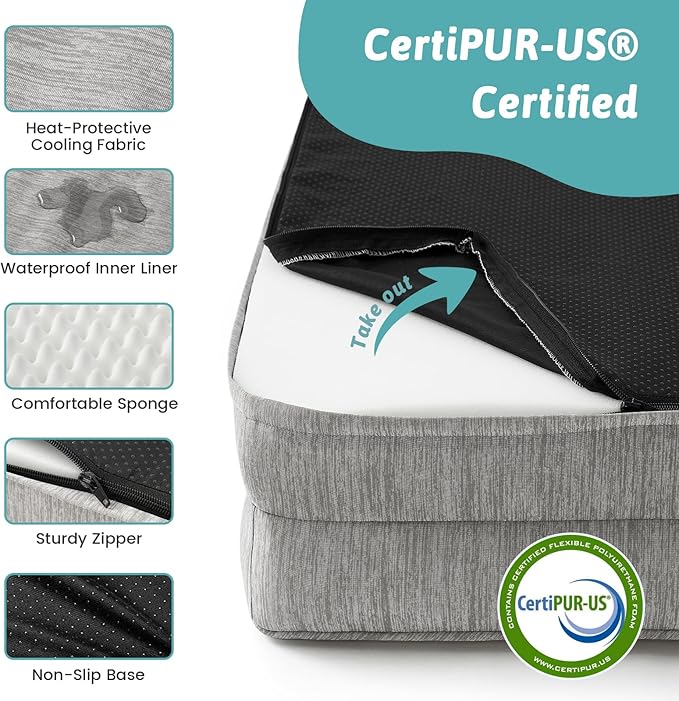 Cooling Dog Bed, Orthopedic Foam Dog Bed with Sides, Removable Cover & Waterproof Lining and Nonskid Bottom, Comfortable Pet Beds for Medium Dogs, Grey (36" L x 27" W x 6.5" Th)