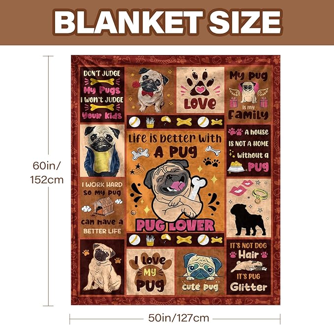 Pug Gifts for Pug Lovers Women Girl Kids, Birthday Gift Ideas for Women Men, Dog Blanket for Sofa Couch Room, Soft Animal Theme Throw Blankets 50"x 60"