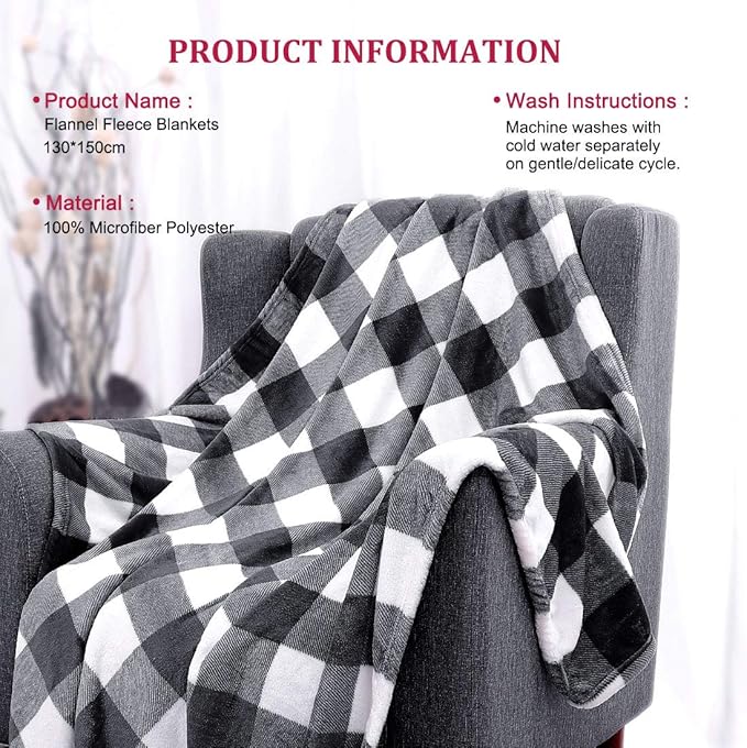 PiccoCasa Plaid Flannel Fleece Throw Blanket, Buffalo Checkered Soft Blankets and Throws, Plush Lightweight Decors Blanket for Couch Sofa Traveling, 50" x 60", White and Black Tartan