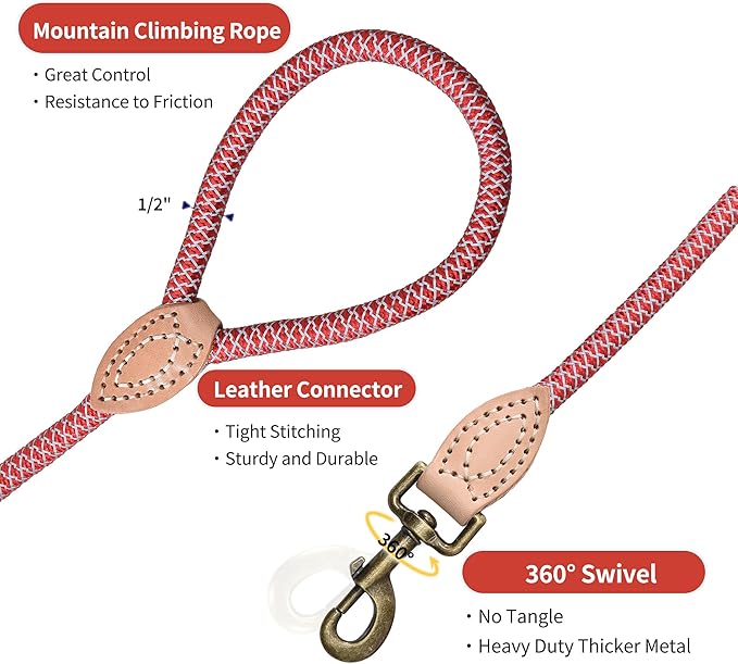 Mile High Life Reflective Dog Leash, Strong Nylon Dog Rope Heavy Duty Dog Training Leashes for Small Medium Large Dogs, Heavy Duty Climbing Rope Dog Leash w Leather Tip(Red, 72 Inch)