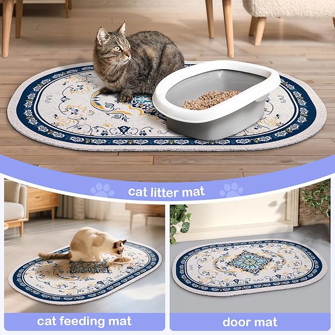 Bienbee Cat Litter Mat, 33" x 22" Large Size Litter Box Mat Rug with Non-Slip Bottom, Easy to Clean Cat Supplies Accessories Essentials for Indoor Kitty Kitten Floor, Blue L