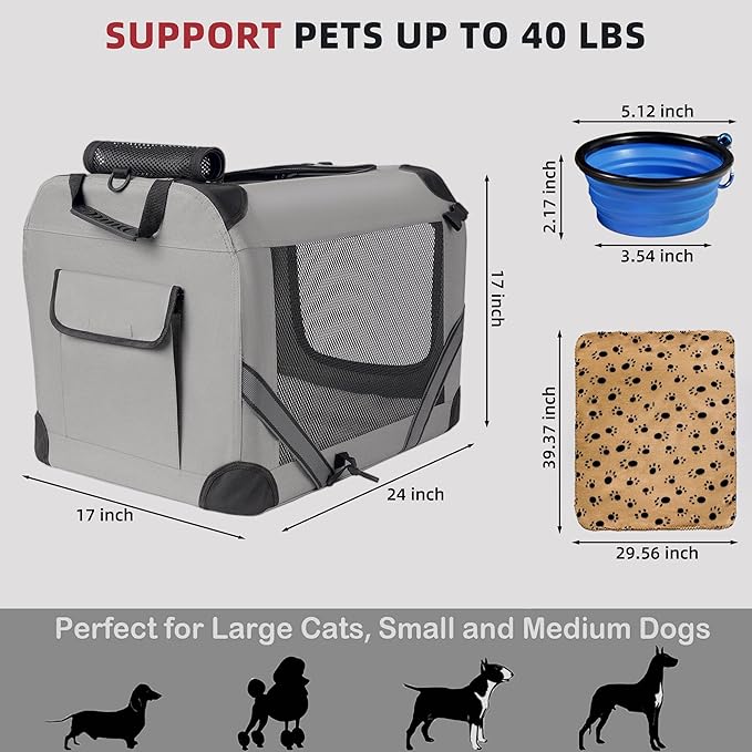 Petprsco Extra Large Cat Carrier for 2 Cats Small Medium Dogs,Soft Sided Pet Carrier 24x17x17 for Car Travel with Collapsible Litter Box, Warm Blanket, Foldable Bowl and Washable Pad