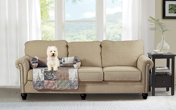 Brilliant Sunshine Quilted Calming Dog Bed Mat, Removable Washable Cover, Cushion Protector and Couch Covers for Dogs, Pets, Cats, Medium, Latte Grey Paris and Toile Floral Patchwork