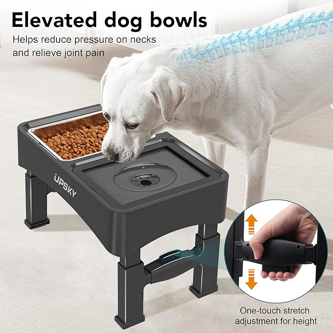 UPSKY 3-in-1 Elevated Dog Bowls: Slow Feeder & No-Spill Stand, Stainless Steel, Adjustable Height for Small & Medium Dogs