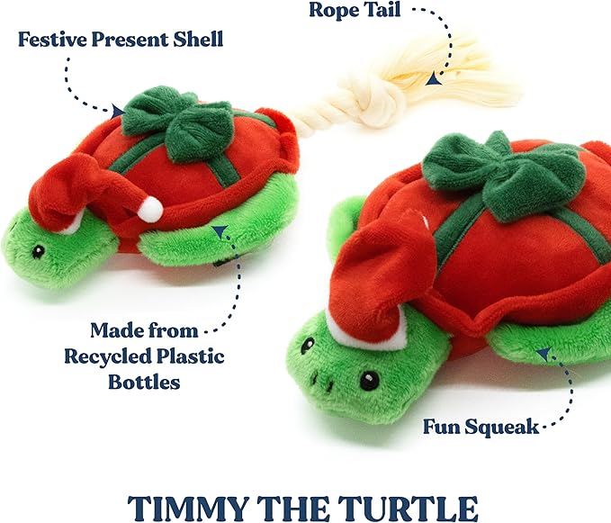 Holiday Collection Dog Toys | Medium Sized Santa - Timmy The Turtle | Cute, Durable, & Sustainable Plush Chew Toys for Dogs | Christmas Stocking Stuffer Gift