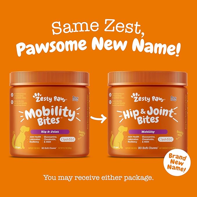 Zesty Paws Hip and Joint Supplement for Dogs - Glucosamine with Chondroitin, MSM, Vitamins C and E Dog Joint Relief - Mobility Bites Duck – 90 Count