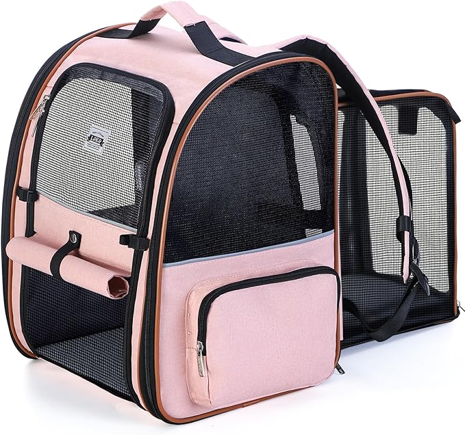 Lekebobor Large Cat Backpack Carrier Expandable Pet Carrier Backpack for Small Dogs Medium Cats Fit Up to 18 Lbs, Dog Backpack Carrier, Foldable Puppy Backpack Carrier for Travel, Hiking,Pink