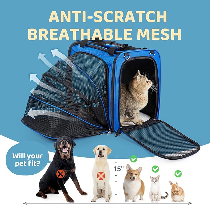 Cat Travel Carrier with Litter Box, Expandable Cat Carrier for Car Travel, Soft Sided Pet Carrier for Cats/Puppies up to 20lbs, Blue