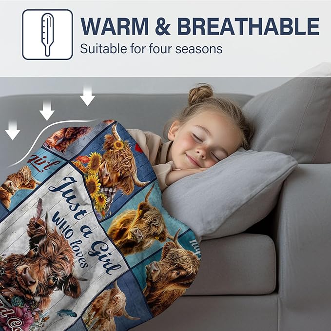 Highland Cow Blanket, Just A Girl Who Love Highland Cow Gifts Blanket for Women, Cute Throw Blanket for Girl Kids on Sofa Couch Bed Room 50"x 60"