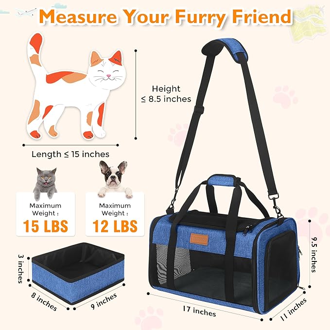 PETUX TSA Approved Pet Carrier in Cabin, 17"x11"x9.5" Soft Cat Carriers for Small Cats and Dogs Up to 15 LB, Top-Open Portable Pet Carrier Airline Approved with Litter Box and Anti-Scratch Mesh, Blue