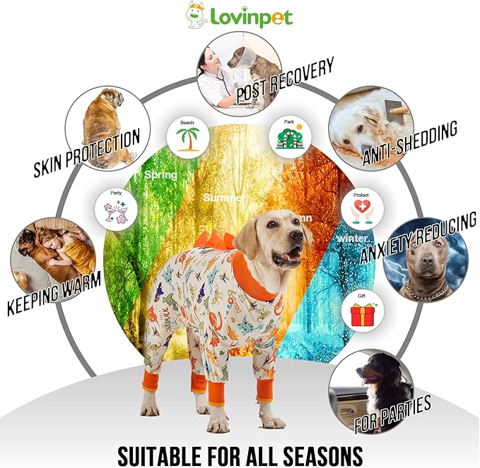 LovinPet Large Dog Pajamas, Anti Licking, Recovery Suit, Lightweight Jurassic Knit, UV for Large Dogs/L