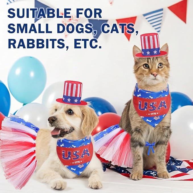 SCENEREAL Independence Day Dog Bandana with Hat and Dress Girl Set, Puppy Birthday Party Supplies, Cute Tutu Skirt Blue Outfit for Small Medium Dogs