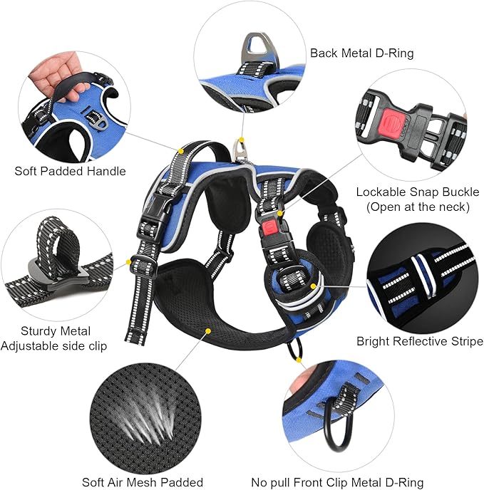 Timos Dog Harness Small Sized, No Pull with Neck Lockable Snap,No Choke Front Clip Dog Reflective Harness,Adjustable Metal Rings 3 Buckles,Easy Control Handle for Small Dogs Blue XS