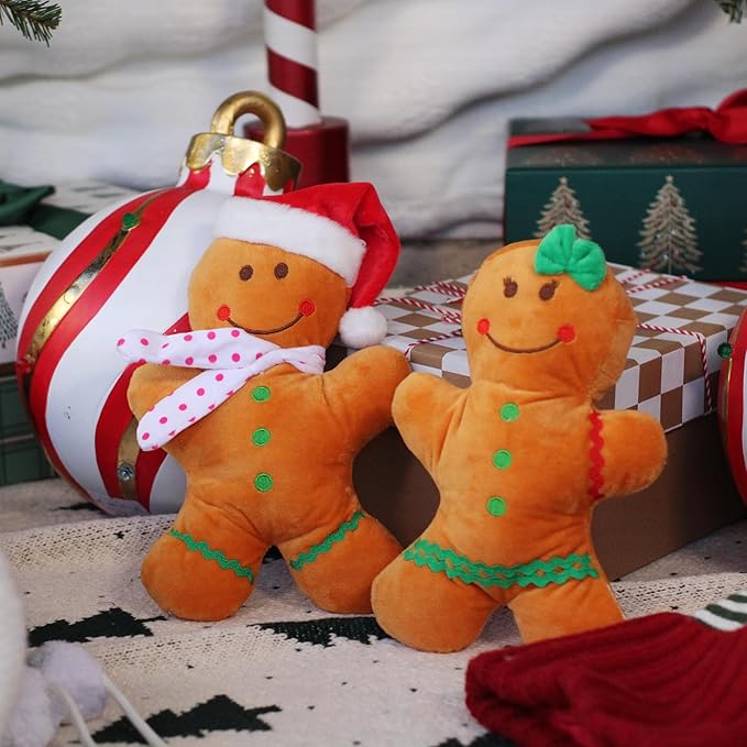 Holiday Plush Pet Toy Fun for Christmas Designs with Squeaker Dog Chew Toy (9" Gingerbread 2 Pcs)
