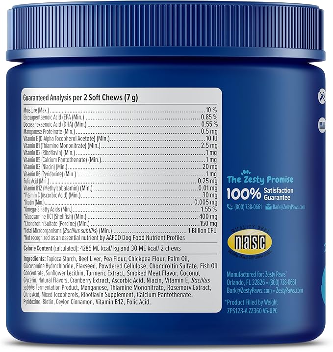 Zesty Paws Senior Dog Multivitamin Treats - Glucosamine for Dogs + Digestive Enzymes & Probiotics - Grain Free Dog Vitamins and Supplements for Skin & Coat + Immune Health Beef - Advanced - 90ct