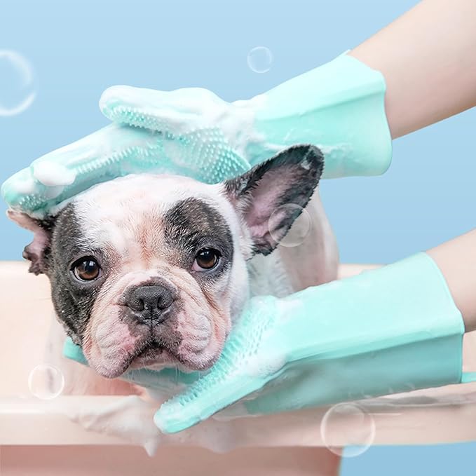Pet Grooming Gloves,Heat-Resistant Silicone Gloves with High-Density Teeth for Enhanced Massaging and Bathing of Dogs and Cats (Green, 1 Pair)
