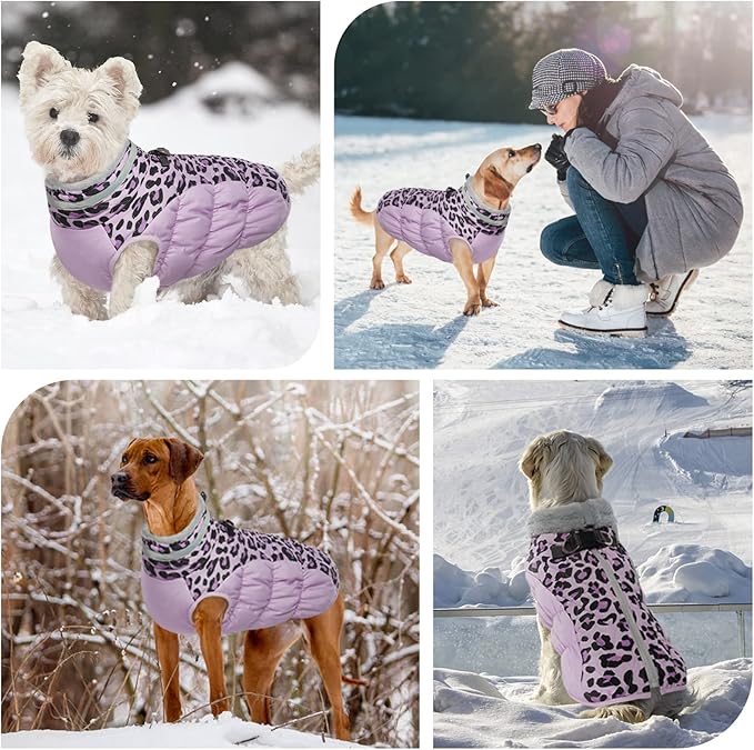 FUAMEY Dog Winter Coat - Cold Weather Jacket with Zipper, Built-in Harness, Padded Vest, Water Resistant, Reflective - Purple Leopard, S, M, L