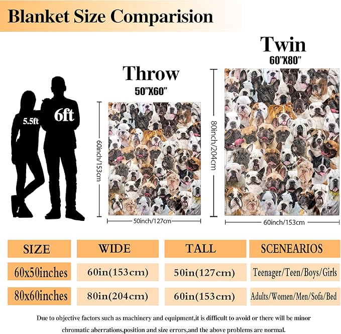 Bulldog Blanket,Bulldog Gifts for Dog Lovers,Bulldog Flannel Blanket Throws for Dog Mom Dad,Soft Warm Blankets for Sofa Bed Home Decor,Gifts for Adult Men Women Halloween Christmas,60"x80"