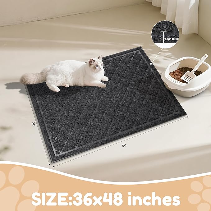 Amyracel Cat Litter Mat, 48"x36" Non-Slip Litter Trapping Mat, Urine-Proof Kitty Litter Mats for Floor, Soft on Kitty’s Paws, Kitten Supplies for Indoor Cats (Black)