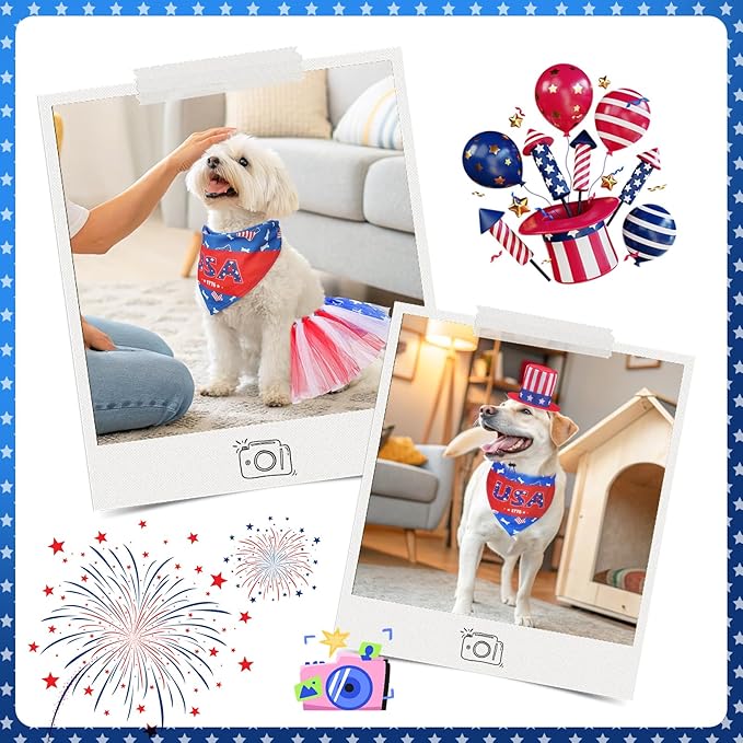 SCENEREAL Independence Day Dog Bandana with Hat and Dress Girl Set, Puppy Birthday Party Supplies, Cute Tutu Skirt Blue Outfit for Small Medium Dogs