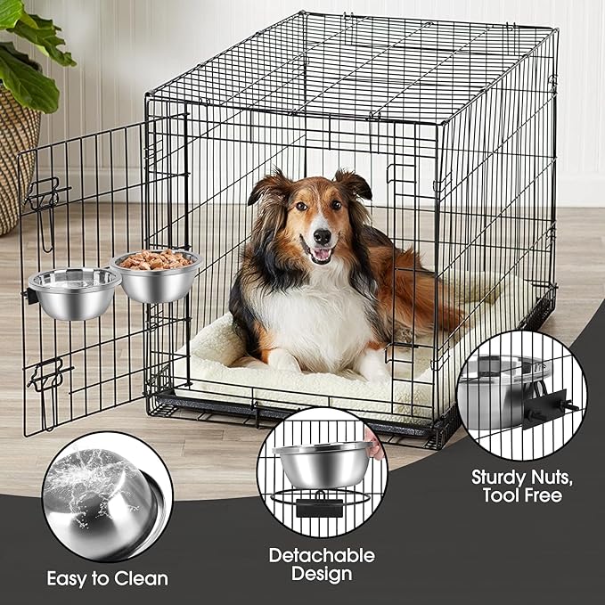 Crate Bowls for Large Dogs, ShineMe Heavy Duty Hanging Dog Bowls for Kennel Cage Crates, No Spill Stainless Steel Dog Crate Water Bowl or Large and Medium Dogs, 56oz, Set of 2