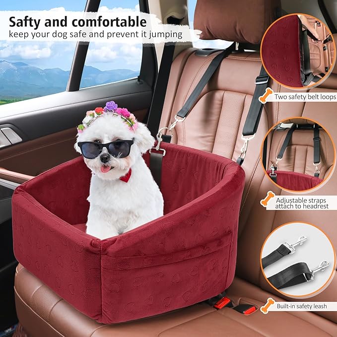 Dog Car Seat for Small Medium Dogs,Detachable Washable Dog Booster Seat Under 30lbs, Pet Car Seats Travel Bed with Storage Pockets and Safety Belt(Red)
