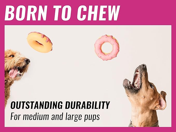 Donut Dog Toys - for Aggressive Chewers Durable Chew Toy Rubber For Large & Medium Dogs, Tough Heavy Duty Birthday Gift (1 x Pink)