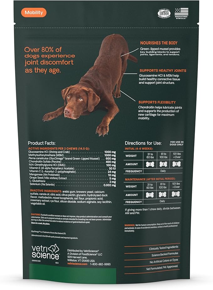 VetriScience GlycoFlex Ultimate Strength Healthy Hip & Joint Glucosamine Supplements for Dogs, with MSM, Chondroitin & Green-Lipped Mussel, Soft Chews, Duck, 60 Count - New Look