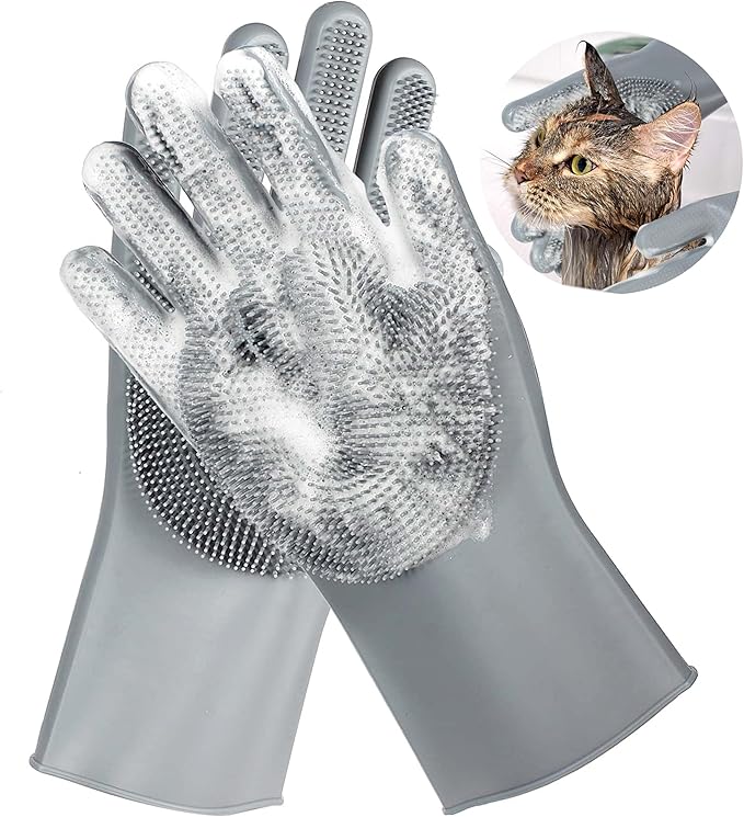 Pet Grooming Gloves,Heat-Resistant Silicone Gloves with High-Density Teeth for Enhanced Massaging and Bathing of Dogs and Cats (Gray, 2 Pair)