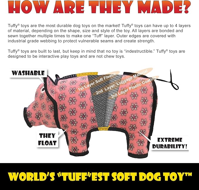 TUFFY - World's Tuffest Soft Dog Toy- Zoo Elephant -Multiple Layers. Made Durable, Strong & Tough. Interactive Play (Tug, Toss & Fetch). Machine Washable & Floats. (Junior 2 Pack)