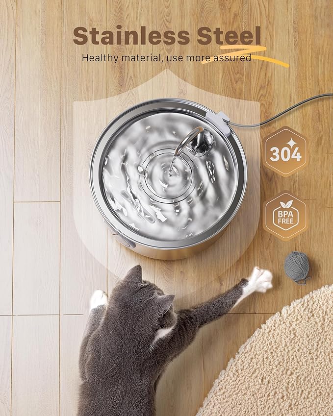 Cat Water Fountain Stainless Steel: Cat Fountain for Drinking - 108oz/3.2L Pet Water Fountain for Cats Indoor - Quiet Water Fountain for Cats - Faucet Pet Fountain - Contains 8 Filters + 8 Sponges