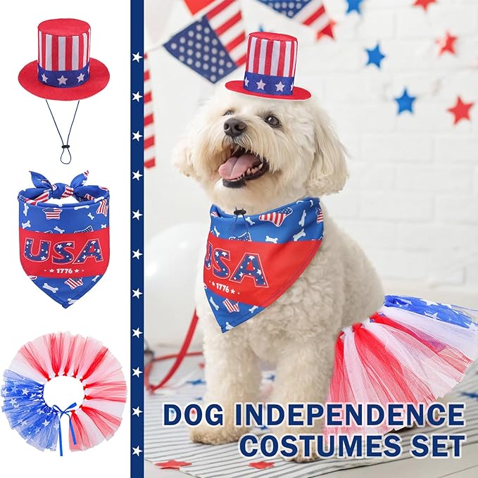 SCENEREAL Independence Day Dog Bandana with Hat and Dress Girl Set, Puppy Birthday Party Supplies, Cute Tutu Skirt Blue Outfit for Small Medium Dogs