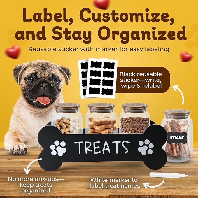 Dog Treat Container - Includes 3 Treat Jars, 1 Treat Bag, Wooden Pet Treat Holder, storage Basket, Dog Treat Station, with Reusable Sticker & Marker - Bone Shape