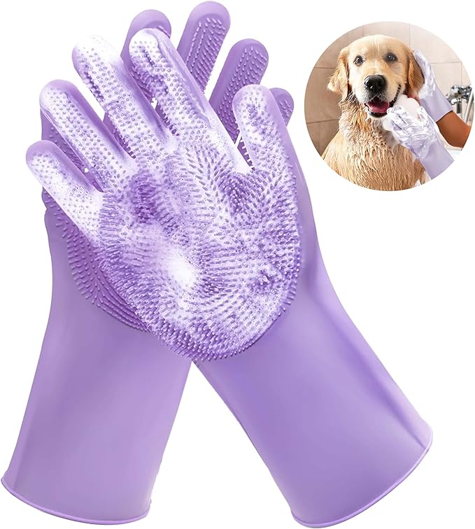 Pet Grooming Gloves,Heat-Resistant Silicone Gloves with High-Density Teeth for Enhanced Massaging and Bathing of Dogs and Cats (Purple, 1 Pair)