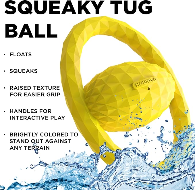 Hound2O Outdoor Dog Toys - Tug Ball, Yellow - Tough, Engaging, & Interactive Chew Toys - Chew, Chase, & Fetch - Durable Materials That Float - Easy to Clean for Outdoor Play - Non-Toxic Materials