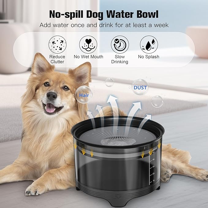 UPSKY 5.5L Dog Water Bowl,186oz Large Capacity No Spill Water Bowl for Dogs, Splash Proof Slow Water Feeder with Heightened Base, Anti-Slip Slow Drinking Pet Water Bowl for Messy Drinkers, B-Black