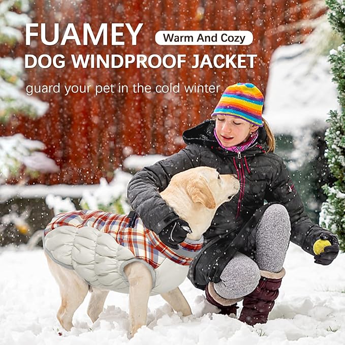 FUAMEY Dog Winter Coat, Jacket with Built-in Harness, Padded Vest, Reflective Clothes for Small to XXXL Dogs, Red Plaid