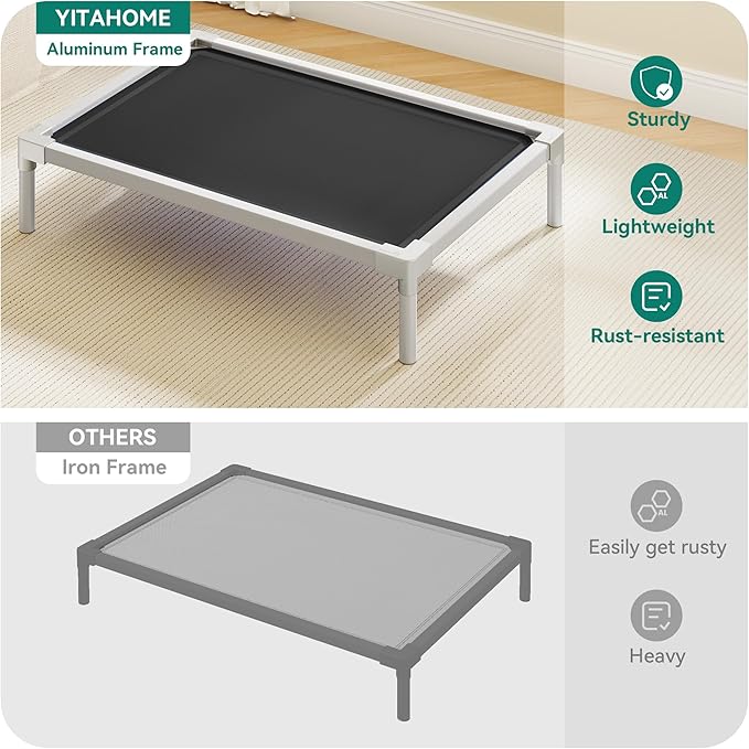 YITAHOME Cooling Elevated Dog Bed, Chew Proof Raised Pet Cot with Aluminum Frame, Breathable Textilene Mesh, Enclosed Edges, Non-Slip Feet, Sturdy Dog Bed for Indoors & Outdoors, Black, 32 Inch