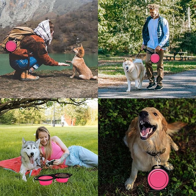 Collapsible Silicone Cat and Dog Travel Bowls,2 in 1 Foldable Pet Feeding and Watering Dish for Walking Camping Hiking with Carabiner (Rose Red)