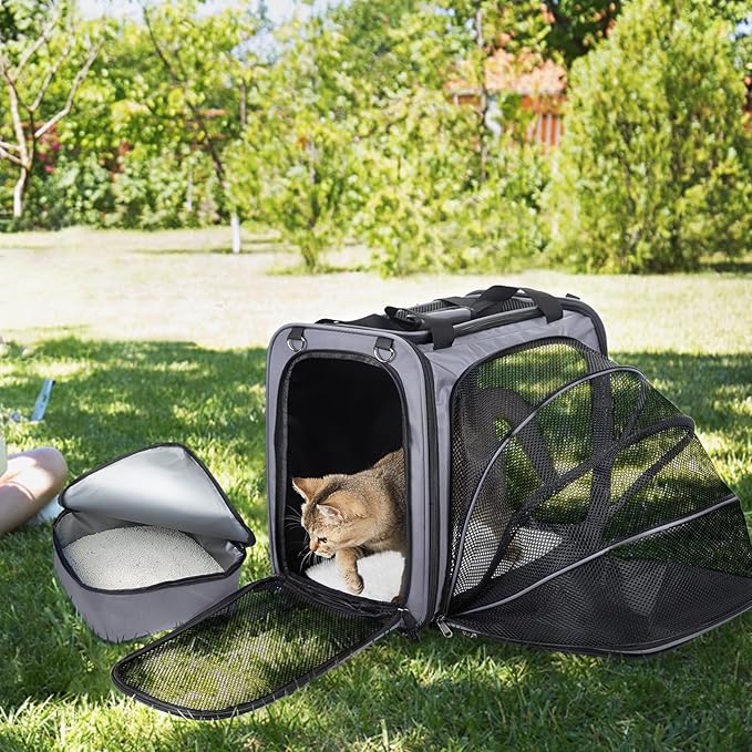 Cat Travel Carrier with Litter Box, Expandable Cat Carrier for Car Travel, Soft Sided Pet Carrier for Cats/Puppies up to 20lbs, Grey