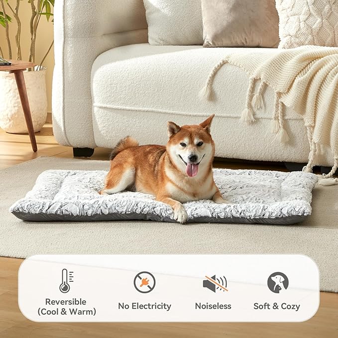 2 in 1 Dog Bed Crate Pad Mat Washable Reversible (Cool & Warm) Soft Fluffy Pet Kennel Beds for Large Medium Small Puppy Cat Sleeping Mattress Machine Wash Dog Cooling Mats (Grey, 24"*17.5"*1.5")