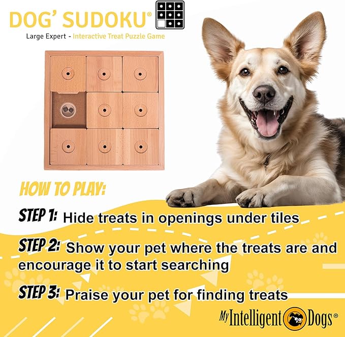 Interactive Wooden Sudoku Puzzle for Large Dogs - Expert Brain Pet Toy - 9 Treat-Hiding Holes, Large All-Wood Design