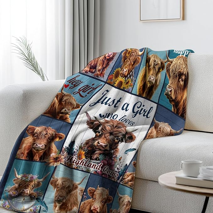 Highland Cow Blanket, Just A Girl Who Love Highland Cow Gifts Blanket for Women, Cute Throw Blanket for Girl Kids on Sofa Couch Bed Room 50"x 60"