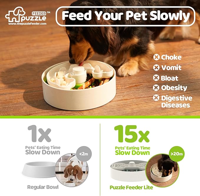 Slow Feeder Dog Bowl for Puppies with Non-Slip Base - Adjustable Speed Design, Removable Puzzle Inserts & Dishwasher Safe, Green