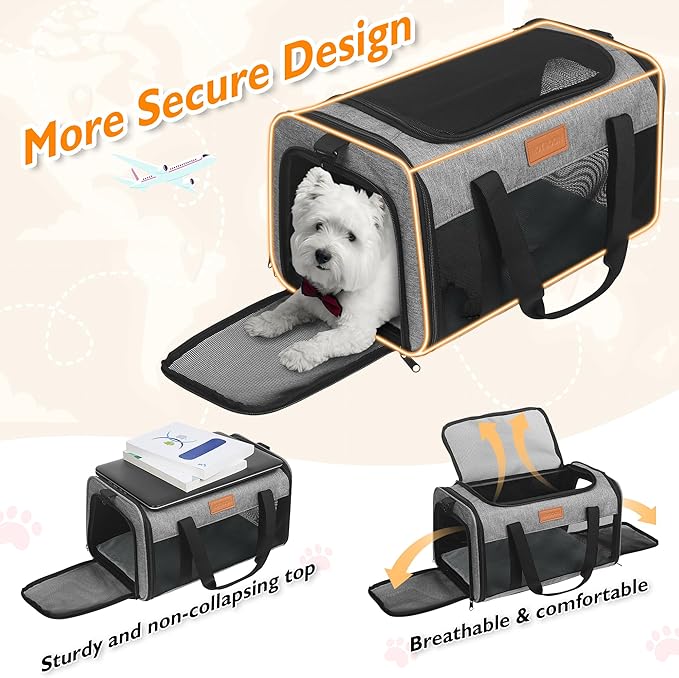 PETUX TSA Approved Pet Carrier in Cabin, 17"x11"x9.5" Soft Cat Carriers for Small Cats and Dogs Up to 15 LB, Top-Open Portable Pet Carrier Airline Approved with Litter Box and Anti-Scratch Mesh, Grey