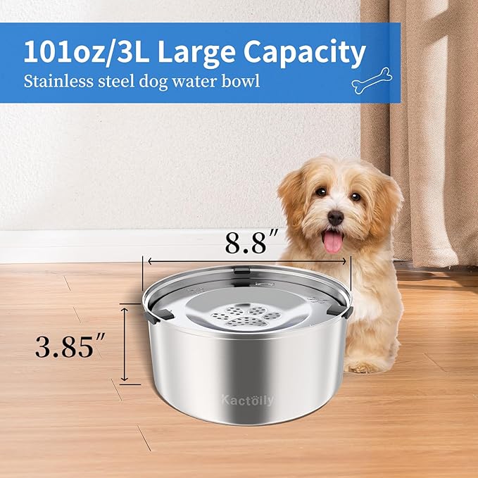 3L/101oz Large Capacity Dog Water Bowl Stainless Steel No Spill Dog Bowls Slow Drinking Dog Water Feeder Dispenser