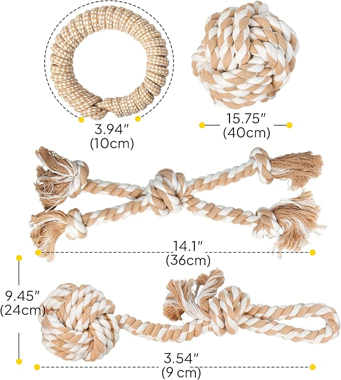 PetiFine Dog Rope Toys for Large Medium Dogs, 4 Pack Tough Chew Toys for Aggressive Chewers, Interactive Rope Ball Natural Cotton, Dog Tug of War Toy for Teeth Cleaning