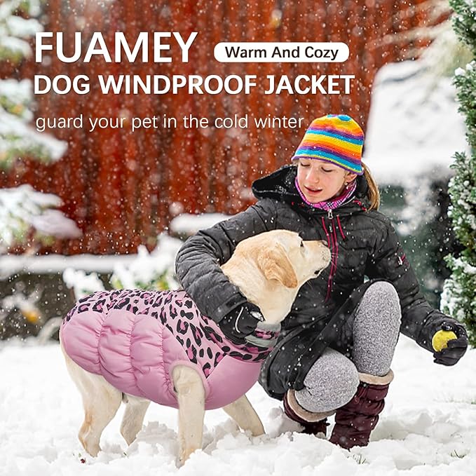 FUAMEY Dog Winter Coat - Dog Jacket with Zipper, Built-in Harness, Padded Vest, Water Resistant, Reflective - Pink Leopard, S, M, L
