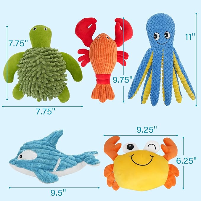 Dog Toys, 5 Pack, Plush Dog Squeaky Toys, Assortment Bundle Ocean Animal Pet Toy for Small Medium Large Dogs, Stuffed Puppy Chew Toy, Doggy Birthday Gift