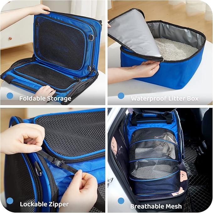 Cat Travel Carrier with Litter Box, Expandable Cat Carrier for Car Travel, Soft Sided Pet Carrier for Cats/Puppies up to 20lbs, Blue